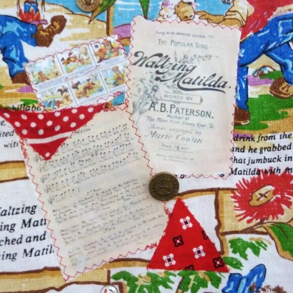 Fabric banner featuring Waltzing Mathilda with hand-made collage overlay, studs, - Picture 5 of 7